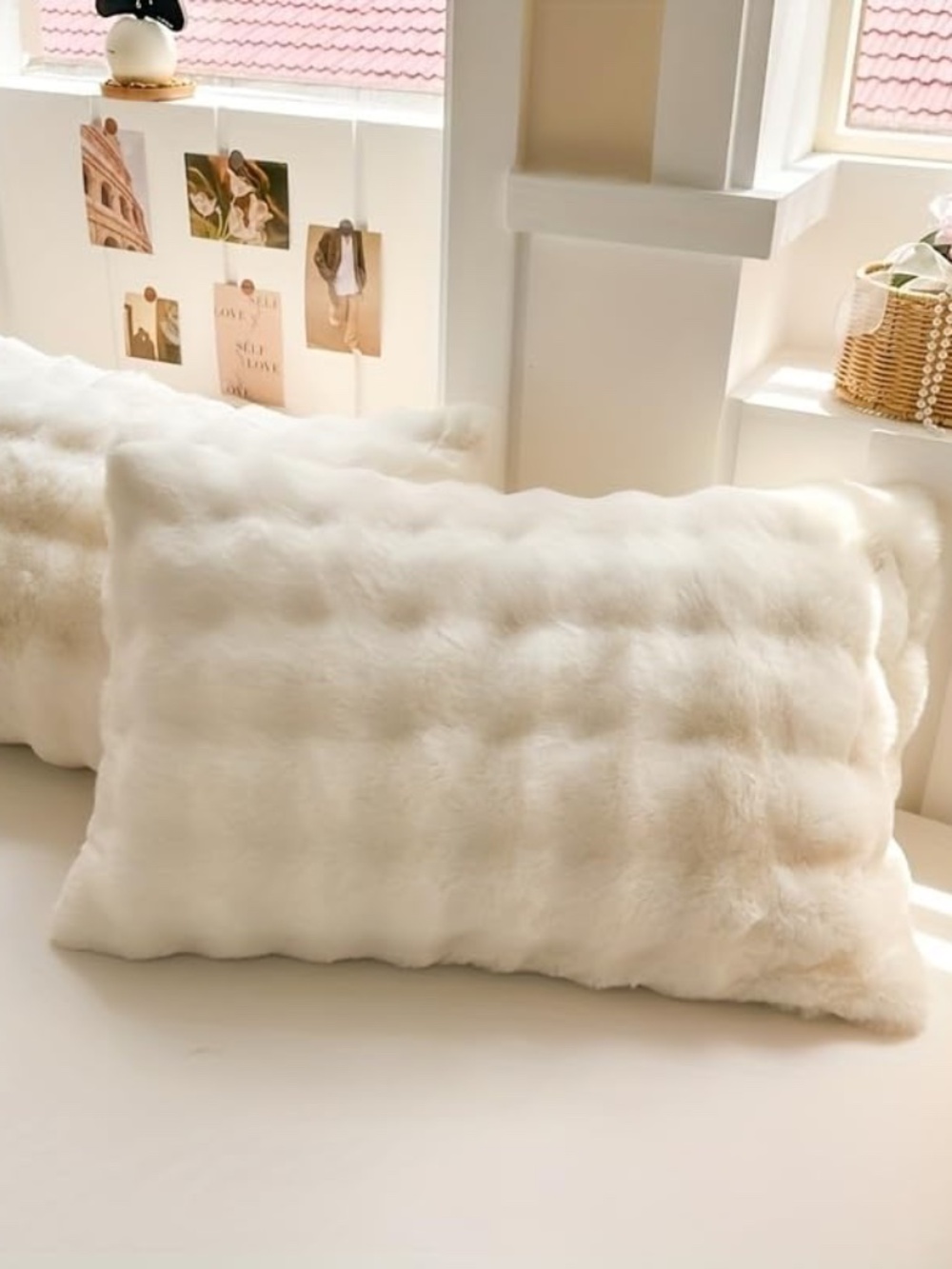 King Pillow Case Set 2 Off White Ivory Soft Minky Texture Dimple Plaid NEW